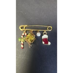 Christmas Charm Brooch Pin Gold Tone Candy Cane Present Pearl Stocking Jewelry
